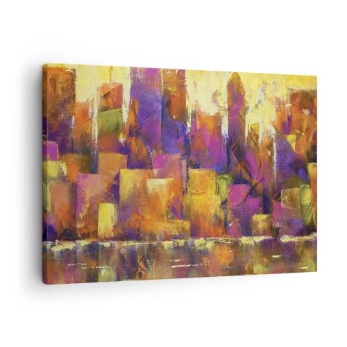 Vászonkép - Egy metropolisz absztrakt kompozíciója sárga és lila árnyalatokban - 70x50cm - Metropolitán kompozíció - Modern fali dekoráció nappalihoz és hálószobához ARTTOR