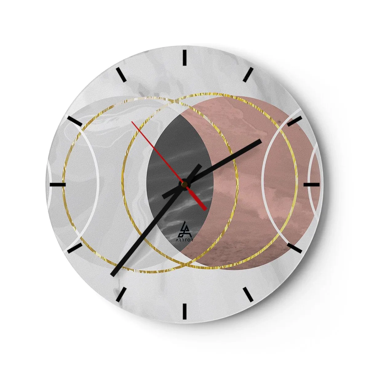Falióra, Óra - Szürke és réz árnyalatú geometrikus körök arany díszítéssel - 30x30cm - A szférák zenéje - Modern fali dekoráció nappalihoz, konyhához és hálószobához ARTTOR
