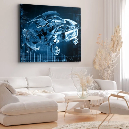 Vászonkép - Egy autó modern műszaki rajza szerkezeti elemekkel - 70x50cm - Mérnöki anatómia - Modern fali dekoráció nappalihoz és hálószobához ARTTOR