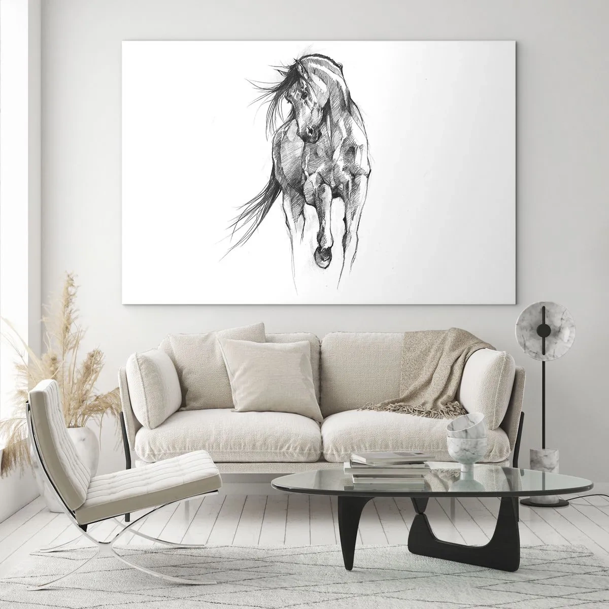 Üveg kép - Egy vágtató ló vázlata minimalista stílusban - 70x50cm - Kecses ügetésben - Modern fali dekoráció nappalihoz és hálószobához ARTTOR