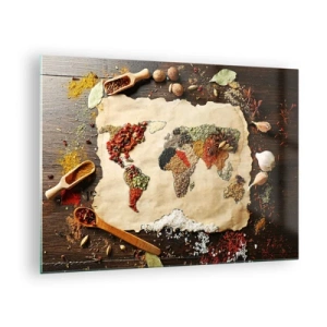 Üveg kép - Különböző fűszerekből készült világtérkép rusztikus alapon. - 70x50cm - A világ összes íze - Modern fali dekoráció nappalihoz és hálószobához ARTTOR