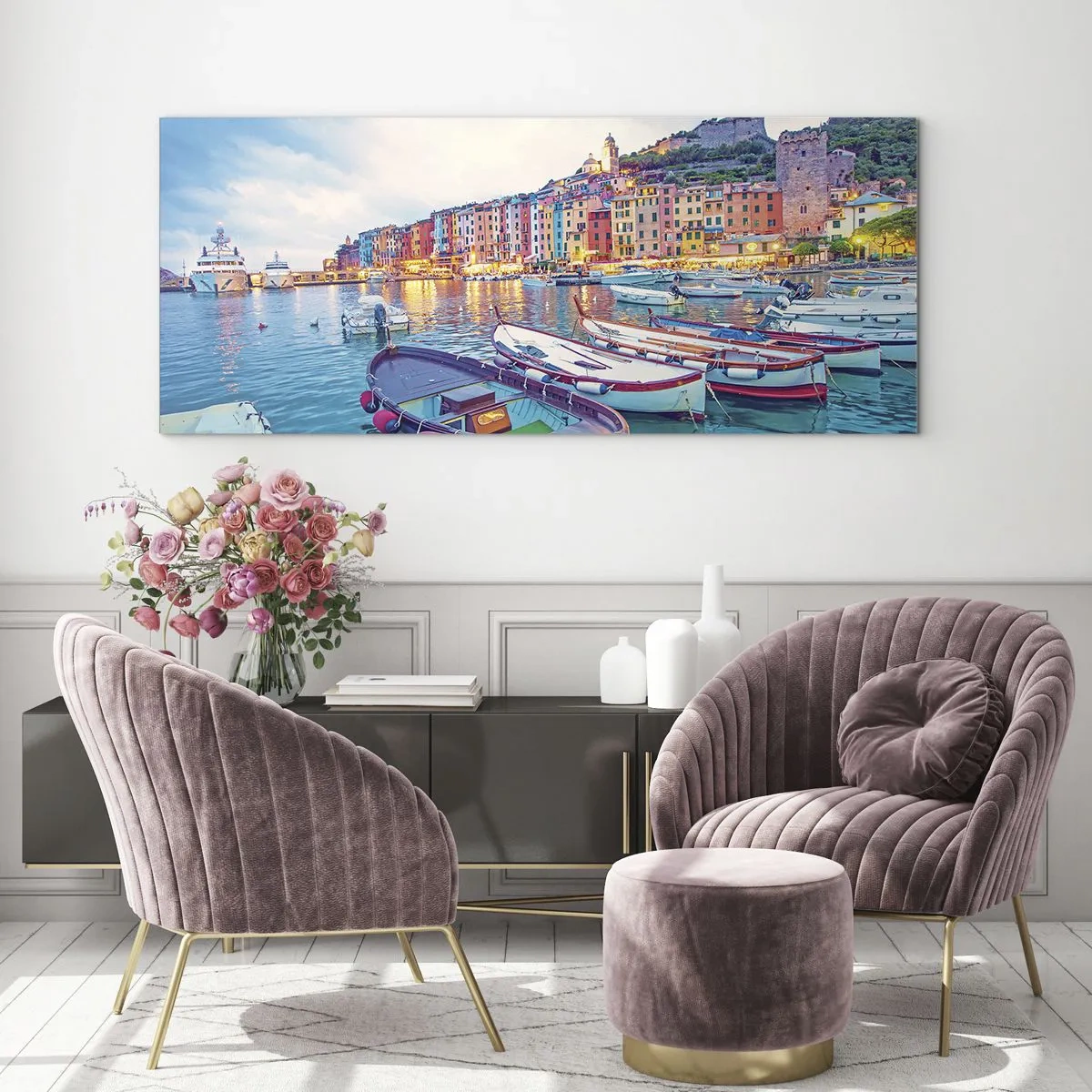Üveg kép - Színes este a kikötőben - 120x50 cm