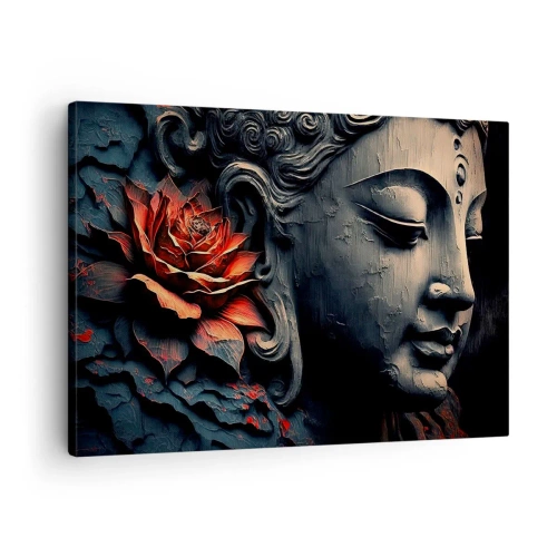 Vászonkép - Buddha szobor vörös lótuszvirággal - 70x50cm - Összhangban a világgal - Modern fali dekoráció nappalihoz és hálószobához ARTTOR