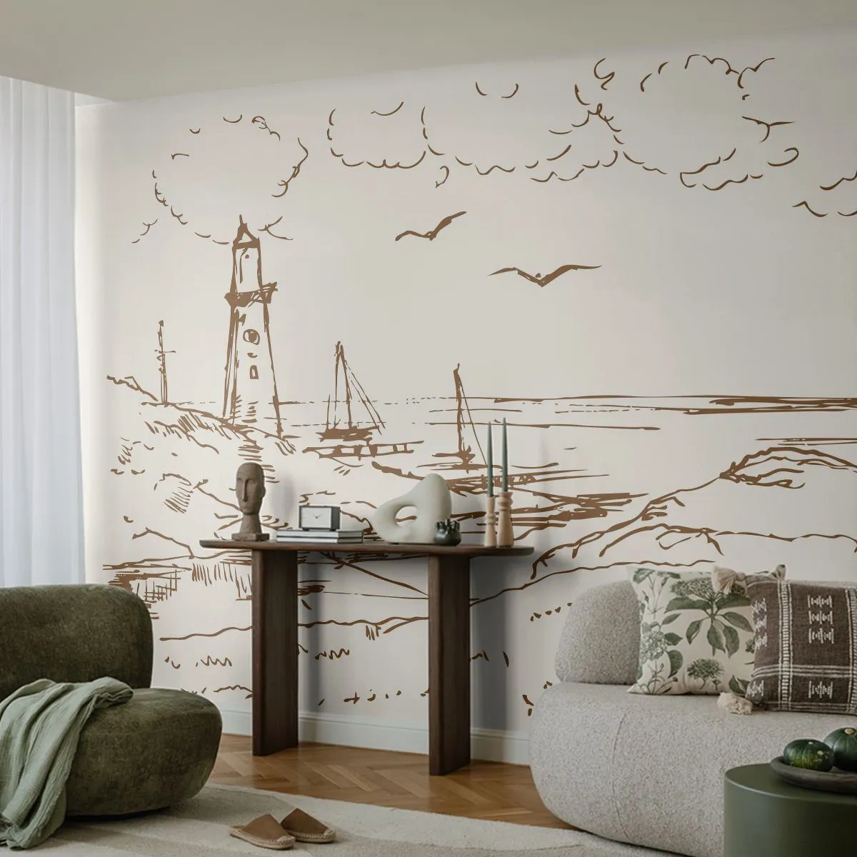Fotótapéta Premium Canvas - A nyár emlékeinek vázlata - Grafika, Tengerpart, Világítótorony - 250x175 cm