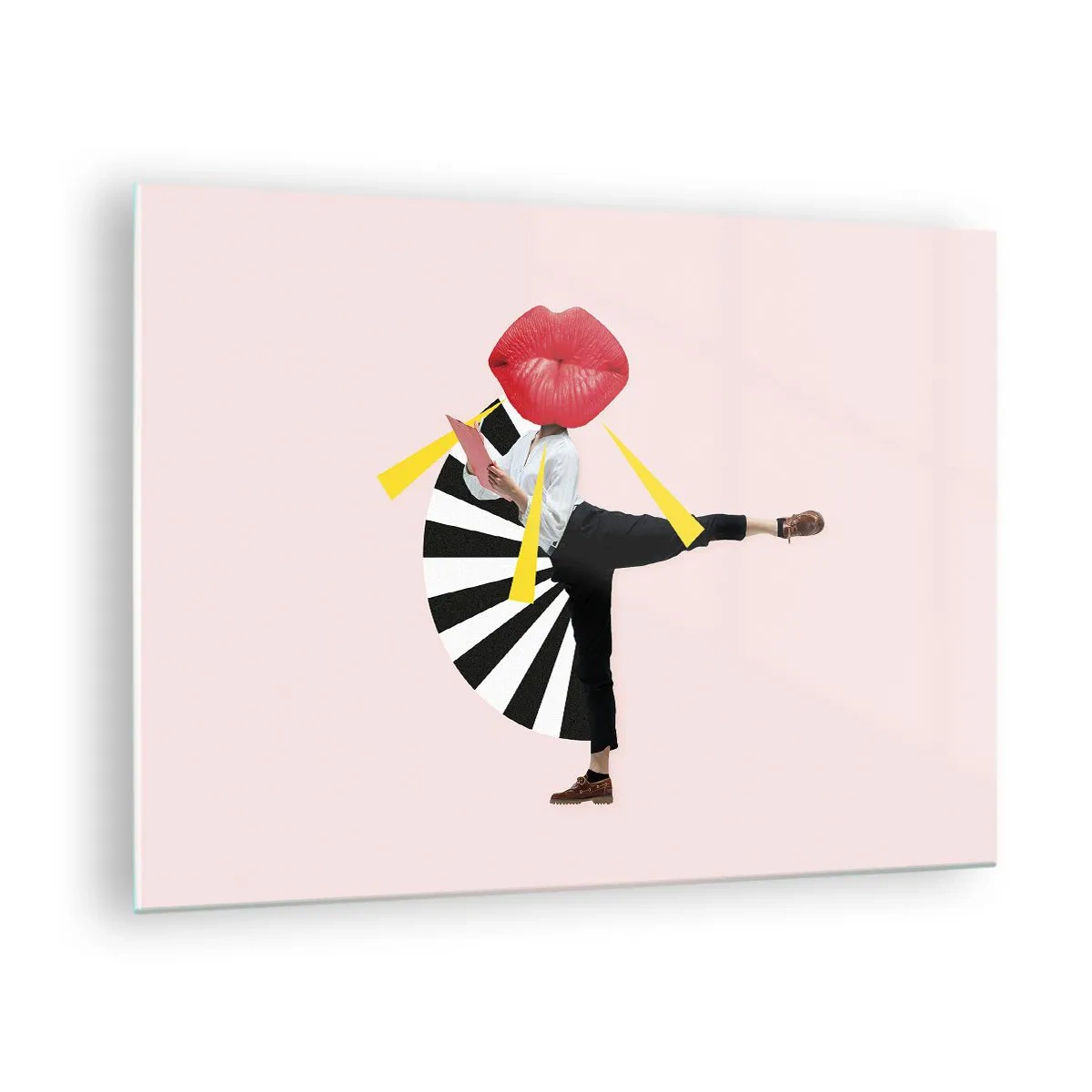 Üveg kép - Egy szürreális pop art kompozíció, melyen egy nagy szájú karakter látható rózsaszín háttér előtt. - 70x50cm - Szürreális pop art - Modern fali dekoráció nappalihoz és hálószobához ARTTOR