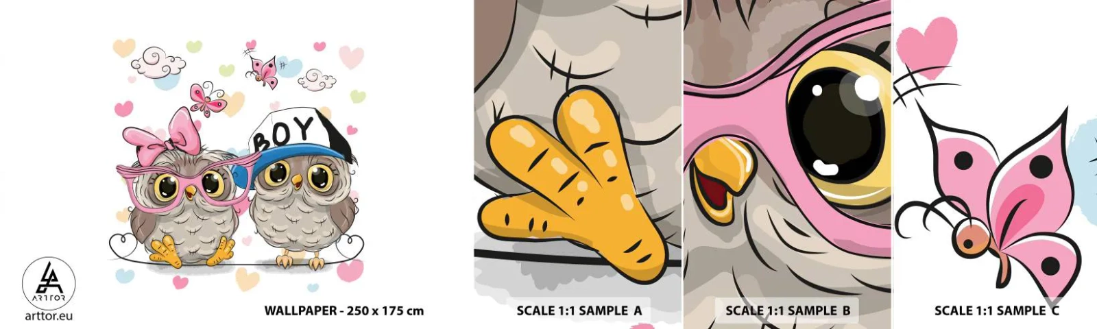 Fotótapéta Minta Öntapadós Deluxe Sticker - Szeressük egymást! - Gyerekeknek, Bagoly, Pillangó - 100x30 cm