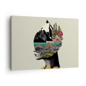 Vászonkép - Kollázs egy nőről hegyi tájjal és virágokkal - 70x50cm - Nő - mindig rejtély - Modern fali dekoráció nappalihoz és hálószobához ARTTOR