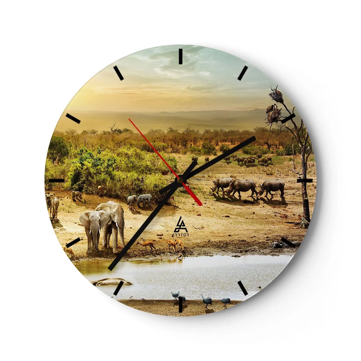 Falióra, Óra - Savannah vadon élő állatokkal egy itatóhelyen naplementekor - 30x30cm - „Z Edenu zaś wypływała rzeka…" - Modern fali dekoráció nappalihoz, konyhához és hálószobához ARTTOR