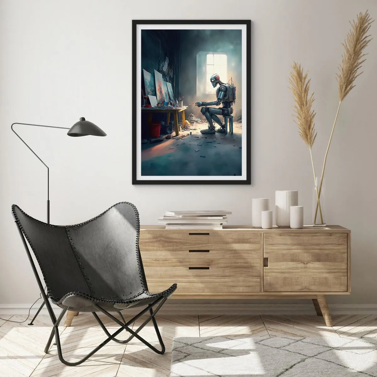 Poszter fehér keretben - Robotművész fest képeket a műtermében - 50x70cm - Az alkotás aktusa - Modern fali dekoráció nappalihoz és hálószobához ARTTOR