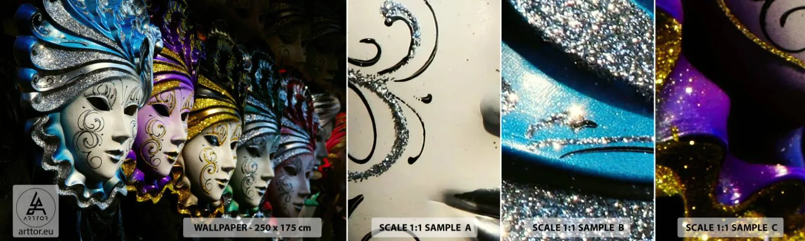 Fotótapéta Minta Standard Eco - Rejtély aranyban és ezüstben - Velencei maszk, Velence, Karnevál - 100x30 cm