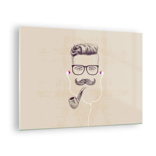 Üveg kép - Egy stilizált, szemüveges, bajuszos és pipás férfi rajza. - 70x50cm - Egy igazi férfi? - Modern fali dekoráció nappalihoz és hálószobához ARTTOR