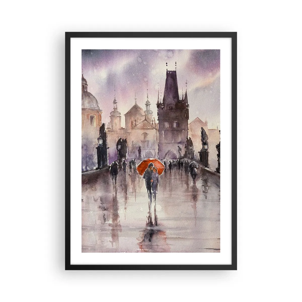 Poszter fehér keretben - Romantikus séta a hídon egy esős napon - 50x70cm - Az emberek nem változnak - Modern fali dekoráció nappalihoz és hálószobához ARTTOR
