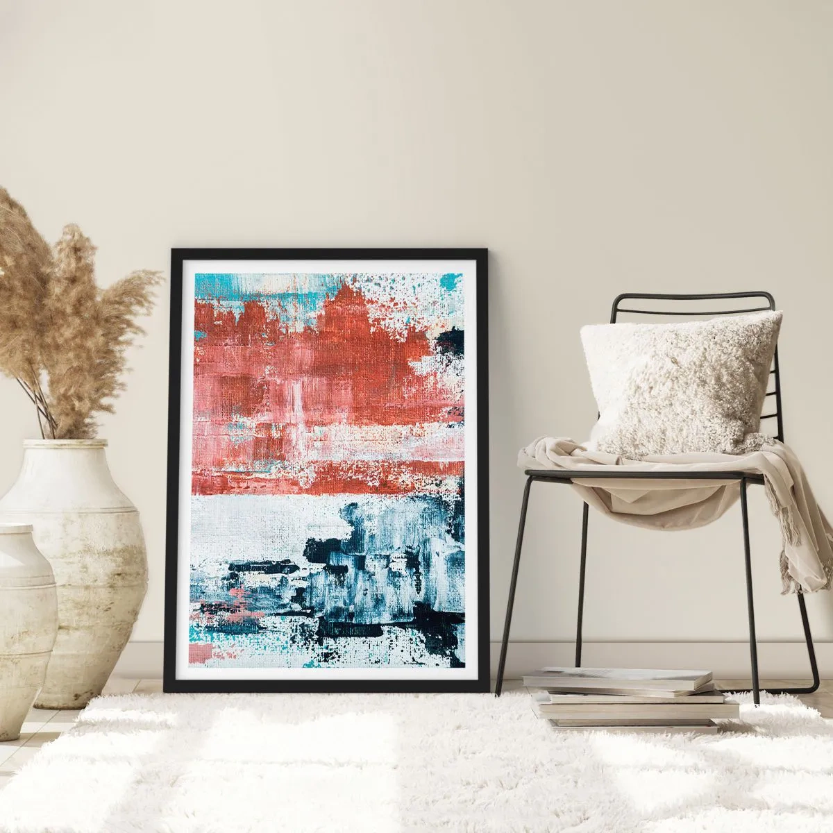 Poszter fehér keretben - Absztrakt kompozíció vörös, fehér és kék árnyalatokban - 50x70cm - Fele-fele absztrakt - Modern fali dekoráció nappalihoz és hálószobához ARTTOR