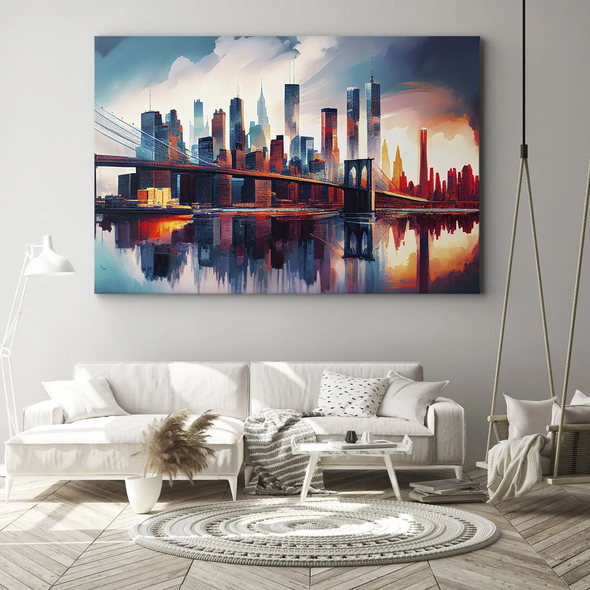 Vászonkép - New York-i panoráma híddal és tükröződéssel a vízben - 70x50cm - Fenomenális New York - Modern fali dekoráció nappalihoz és hálószobához ARTTOR