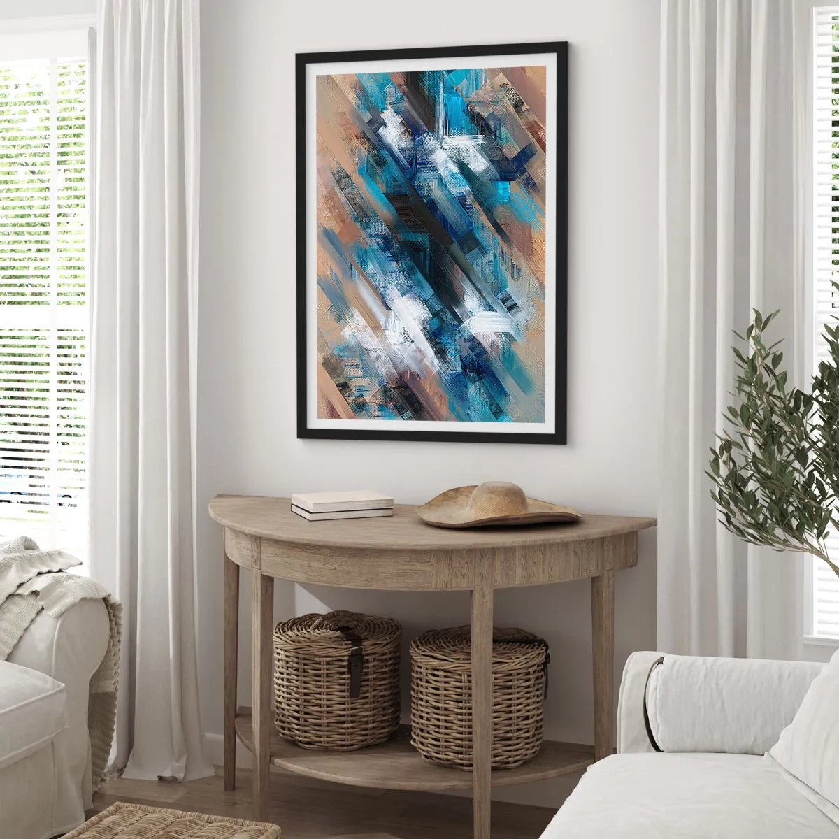 Poszter fehér keretben - Egy absztrakt kompozíció átlós vonalakkal kék árnyalatokban. - 50x70cm - Kék ferdén - Modern fali dekoráció nappalihoz és hálószobához ARTTOR