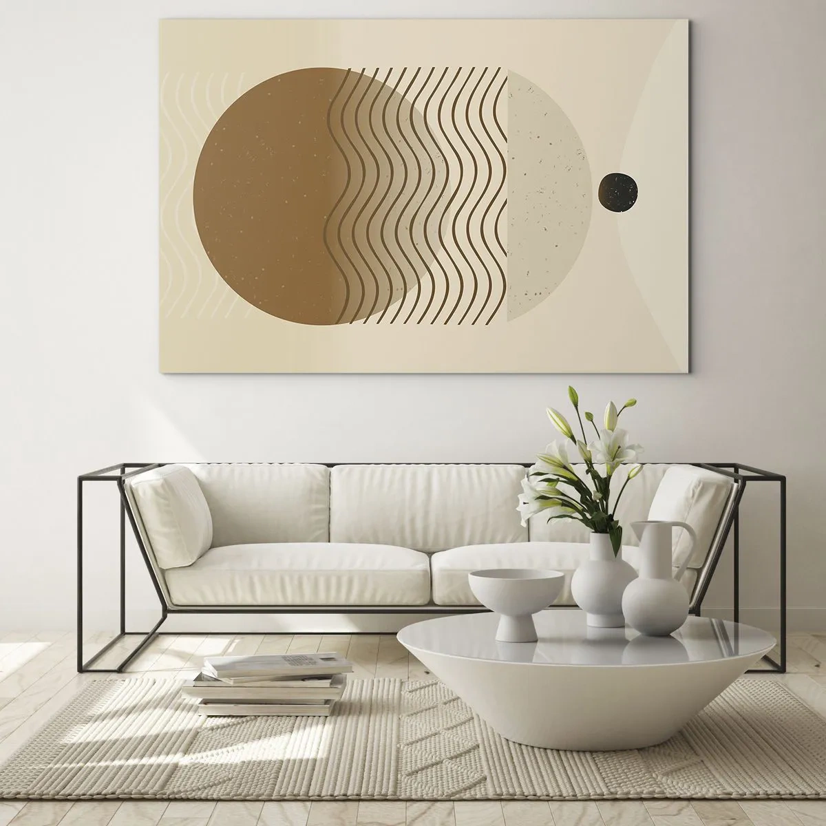 Üveg kép - Geometriai kompozíció bézs színű hullámokkal és körökkel - 70x50cm - A geometriai formák eredetéről - Modern fali dekoráció nappalihoz és hálószobához ARTTOR