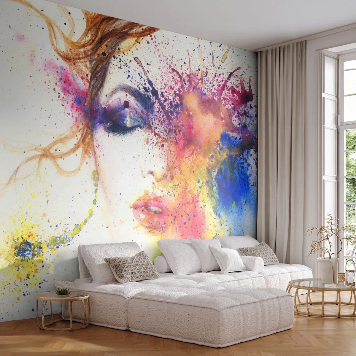 Fotótapéta Premium Sand - Szivárványszédülés - Absztrakció, Női Arc, Egy nő portréja - 100x70 cm