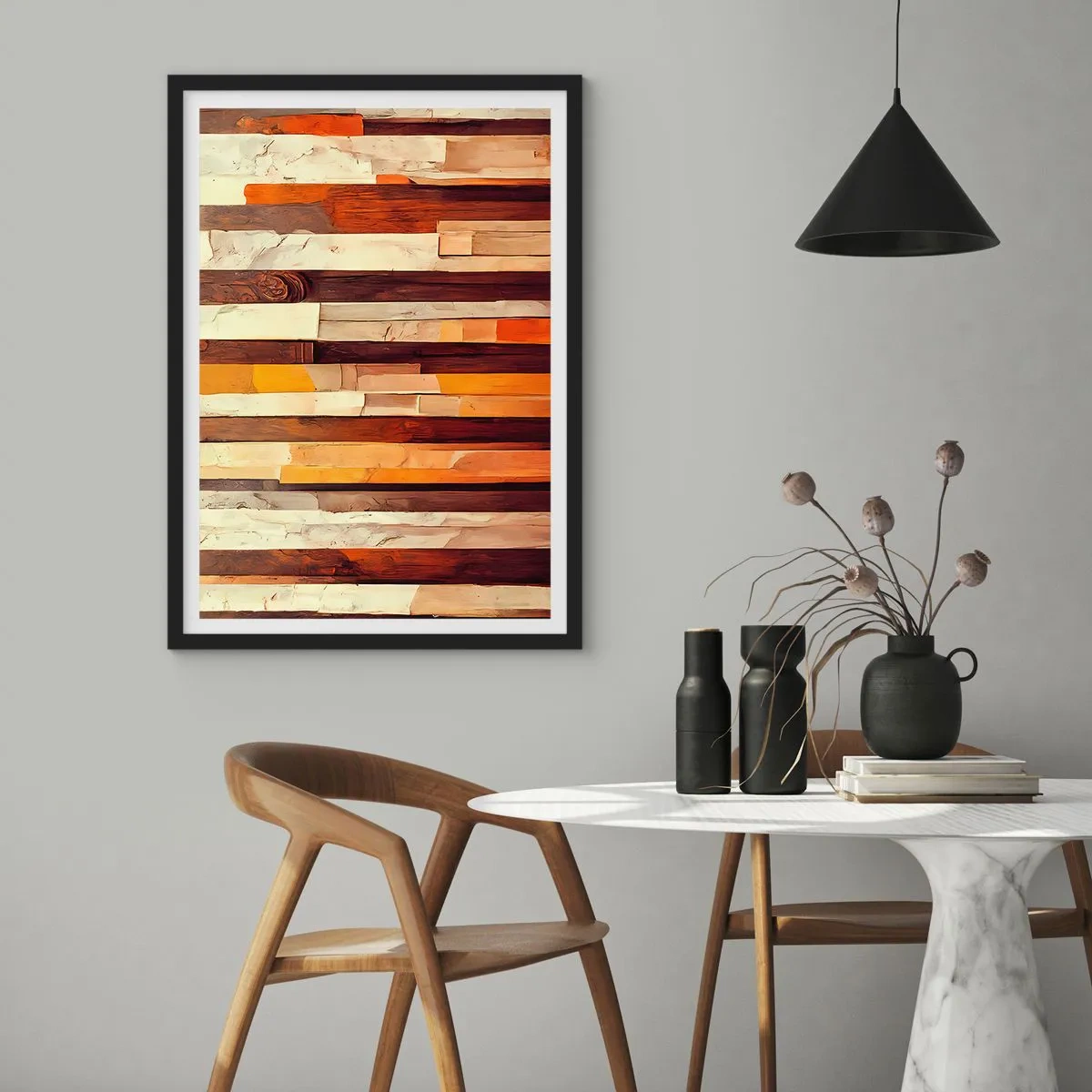Poszter fehér keretben - Meleg színű fa panelek absztrakt kompozíciója. - 50x70cm - Az erdei fák himnusza - Modern fali dekoráció nappalihoz és hálószobához ARTTOR