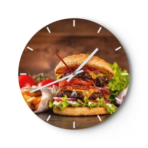 Falióra, Óra - Lédús burger feltétekkel, fából készült háttéren - 30x30cm - Tiltott gyümölcs - Modern fali dekoráció nappalihoz, konyhához és hálószobához ARTTOR