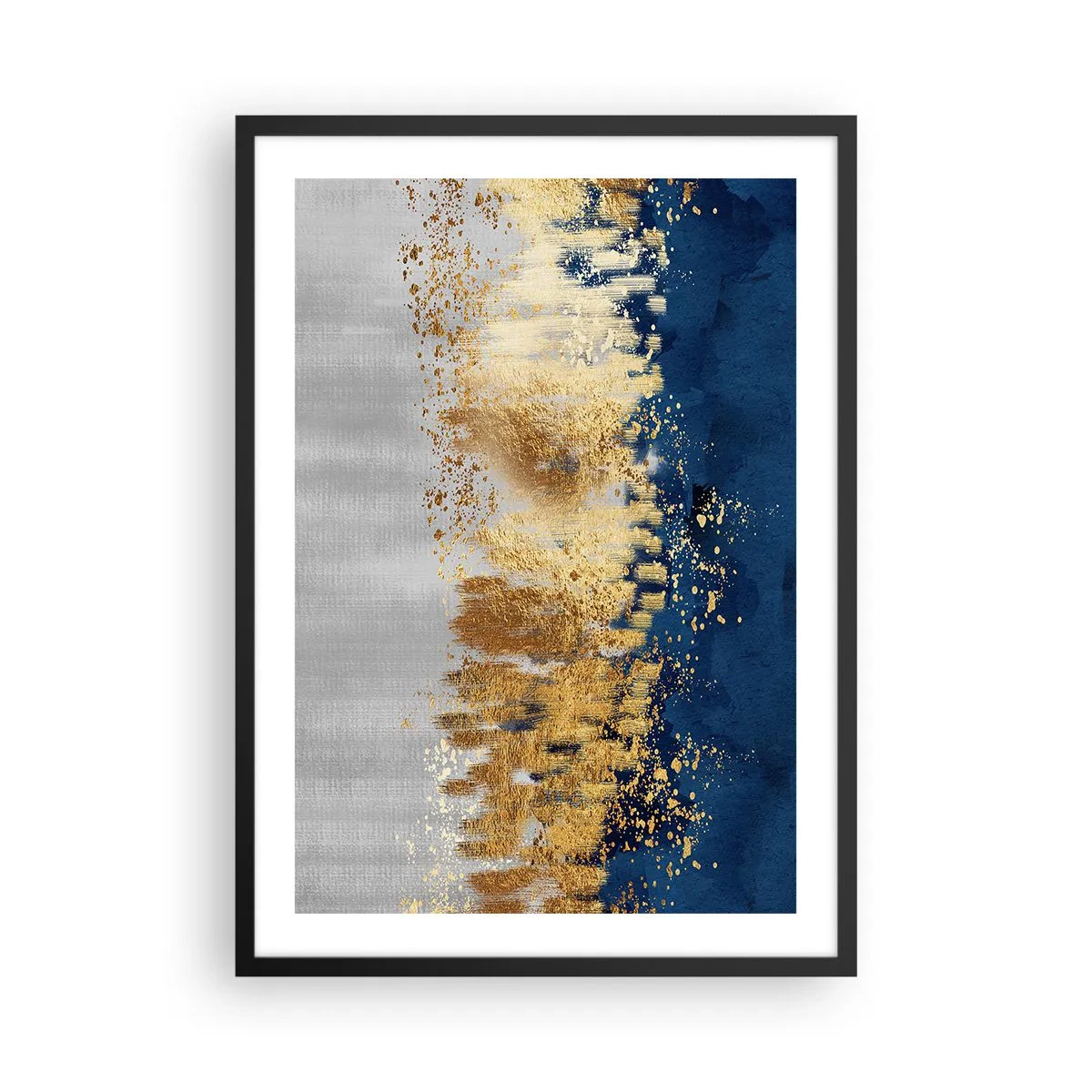 Poszter fehér keretben - Absztrakt kompozíció sötétkék, arany és ezüst árnyalatokban - 50x70cm - Modern kompozíció csillogással - Modern fali dekoráció nappalihoz és hálószobához ARTTOR