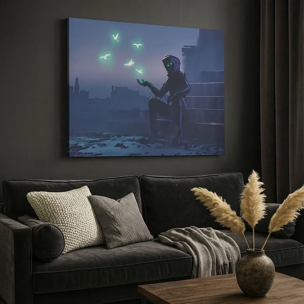 Vászonkép - Egy kapucnis alak varázslatos madarakkal a város hátterében - 70x50cm - Az élet vissza fog térni - Modern fali dekoráció nappalihoz és hálószobához ARTTOR