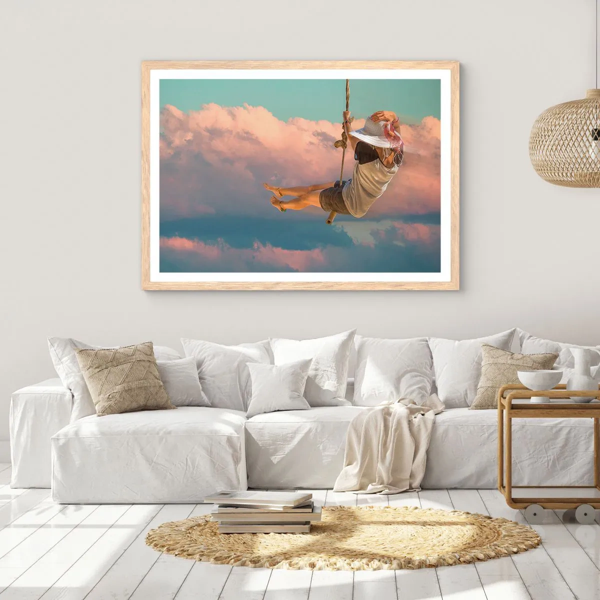 Poszter világos tölgy keretben - Szórakozás a fellegekben - 70x50 cm