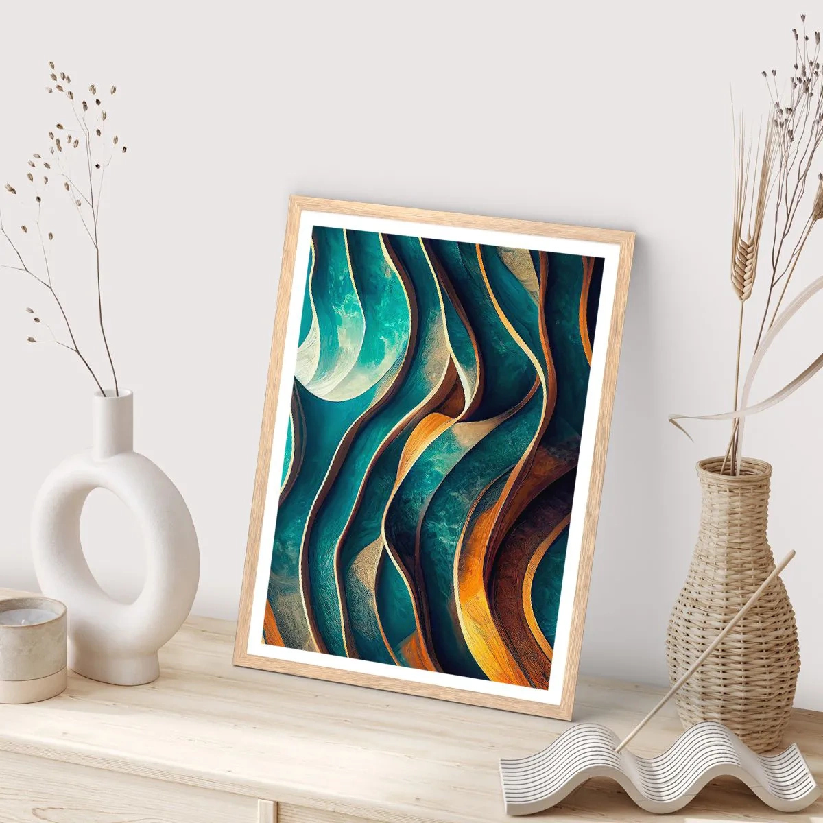 Poszter világos tölgy keretben - Kék kanyarulatok - 30x40 cm