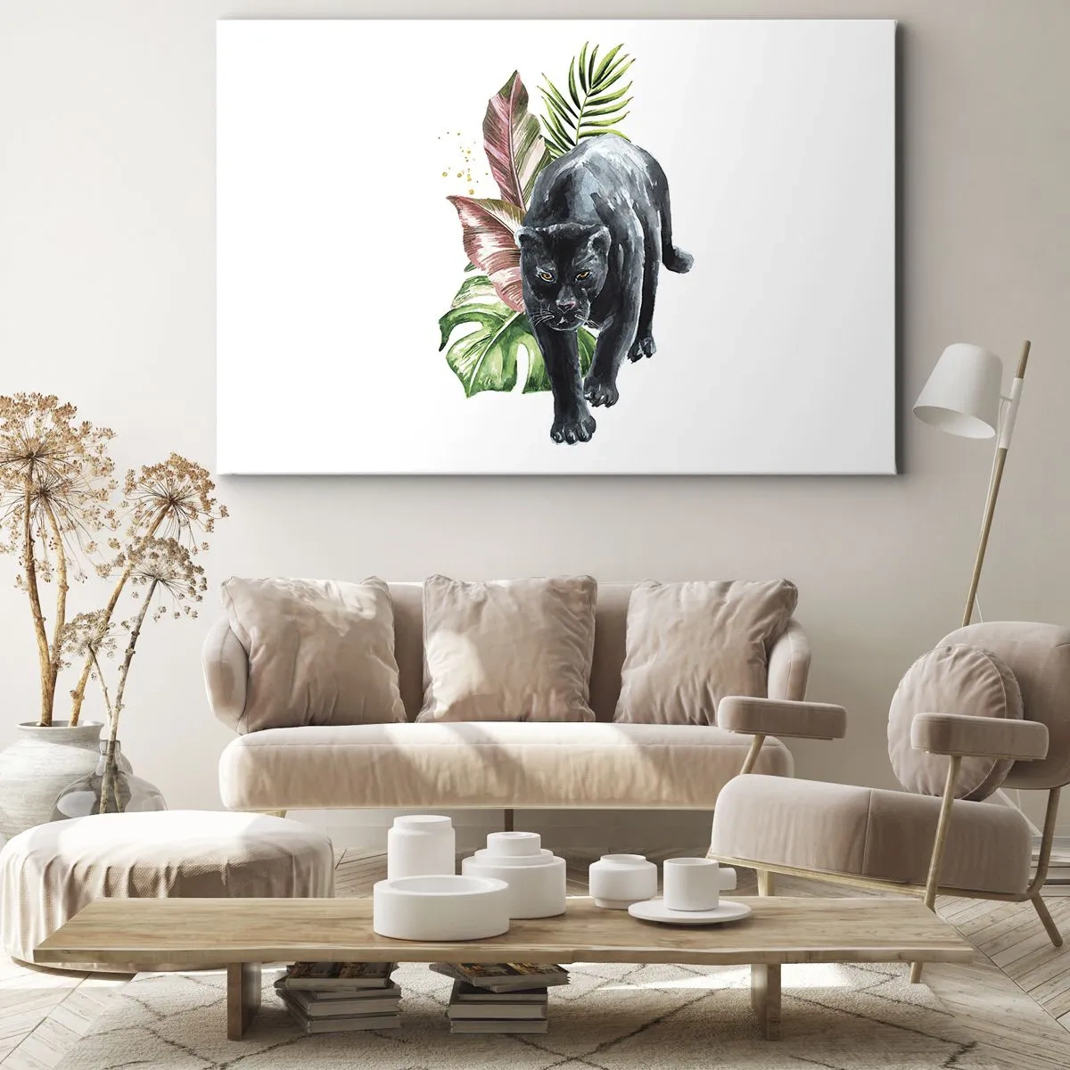 Vászonkép - Fekete párduc trópusi levelekkel körülvéve - 70x50cm - A szív vadsága - Modern fali dekoráció nappalihoz és hálószobához ARTTOR