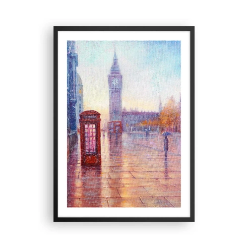 Poszter fehér keretben - Big Ben és a piros telefonfülke egy esős napon - 50x70cm -  Őszi nap Londonban - Modern fali dekoráció nappalihoz és hálószobához ARTTOR