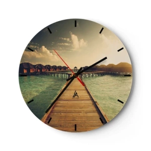 Falióra, Óra - A vízparti házakhoz vezető móló a naplemente fényében - 30x30cm - Tiszteletteljes meghívás - Modern fali dekoráció nappalihoz, konyhához és hálószobához ARTTOR