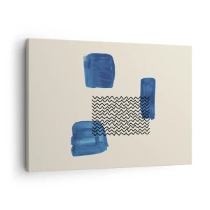 Vászonkép - Absztrakt kompozíció kék foltokkal és hullámos vonalakkal - 70x50cm - Absztrakt kvartett - Modern fali dekoráció nappalihoz és hálószobához ARTTOR