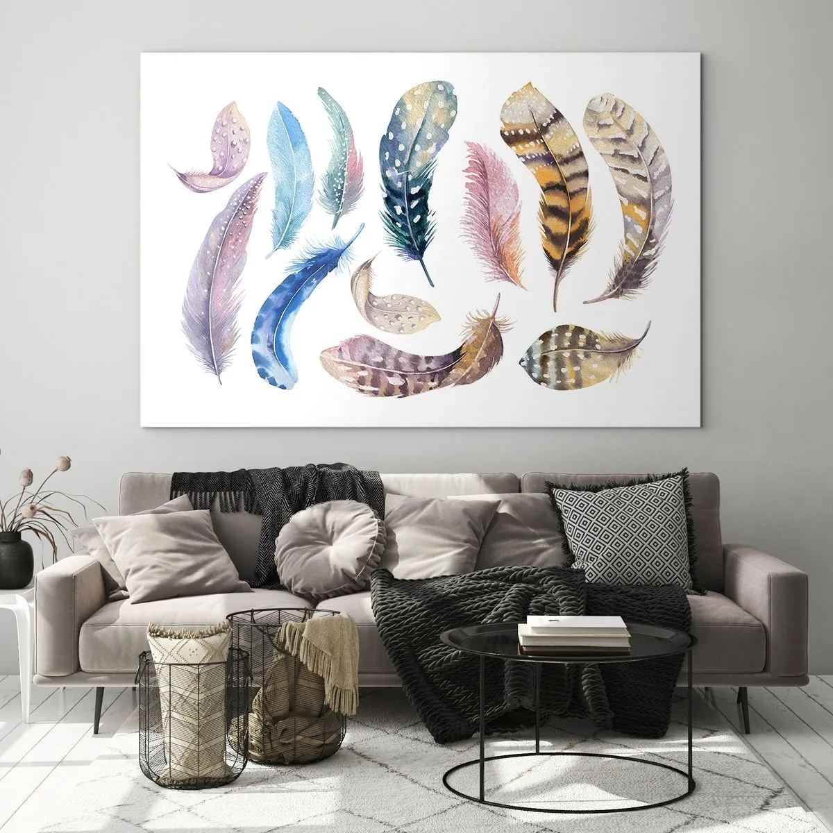 Üveg kép - Színes tollak művészi stílusban fehér alapon - 70x50cm - Könnyű, tarka és sokszínű - Modern fali dekoráció nappalihoz és hálószobához ARTTOR
