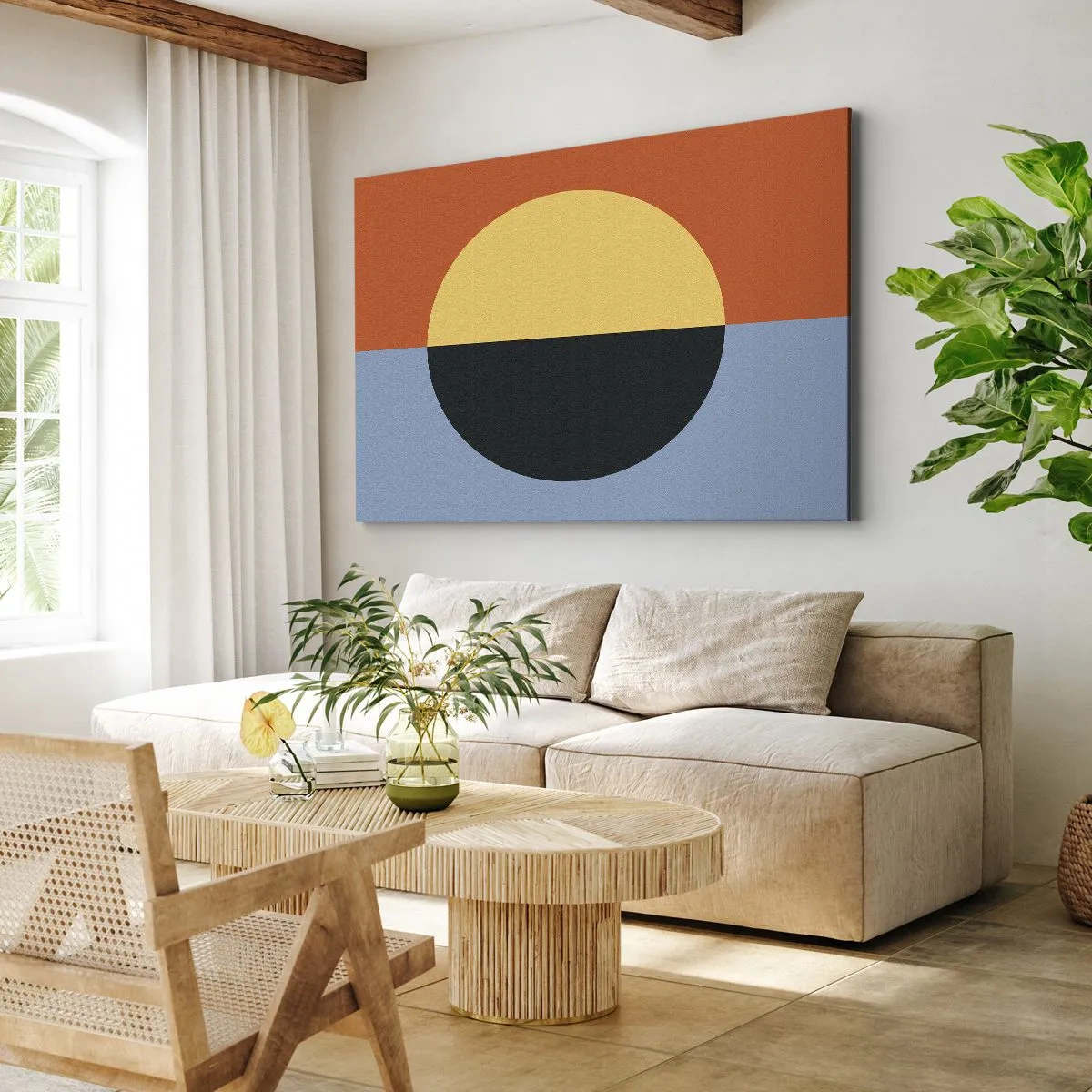 Vászonkép - Geometrikus absztrakció kontrasztos színekkel - 70x50cm - A meleg és a hideg kompozíciója - Modern fali dekoráció nappalihoz és hálószobához ARTTOR