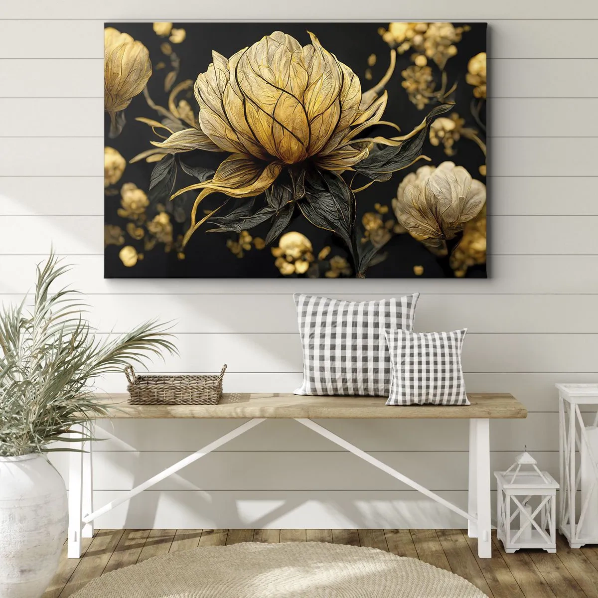Vászonkép - Arany virág sötét háttér előtt - 70x50cm - Finom törékenység - Modern fali dekoráció nappalihoz és hálószobához ARTTOR