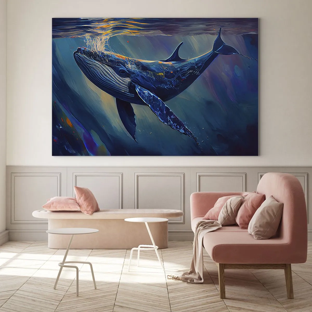 Üveg kép - Egy bálna lebeg a víz alatt a napfényben - 70x50cm - Üdvözöllek a világomban - Modern fali dekoráció nappalihoz és hálószobához ARTTOR