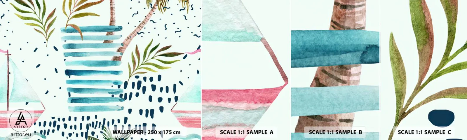 Fotótapéta Minta Standard Eco - Nyaralás pálmafák alatt - Akvarellek, Kókuszpálma, Vitorlás - 100x30 cm