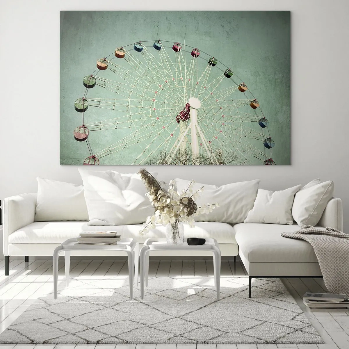 Üveg kép - Egy színes óriáskerék pasztellzöld háttér előtt - 70x50cm - Gyere játszani - Modern fali dekoráció nappalihoz és hálószobához ARTTOR