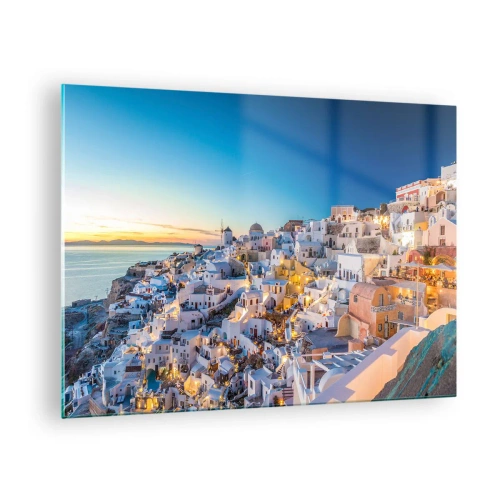 Üveg kép - Santorini panorámája naplementekor - 70x50cm - A görögség lényege - Modern fali dekoráció nappalihoz és hálószobához ARTTOR