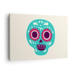 Vászonkép - Egy mexikói kultúra ihlette türkiz és lila cukorkoponya - 70x50cm - Az élet - szórakozás a halálig - Modern fali dekoráció nappalihoz és hálószobához ARTTOR