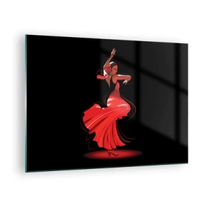 Üveg kép - Flamenco táncos piros ruhában, fekete háttér előtt - 70x50cm - A flamenco tüzes szelleme - Modern fali dekoráció nappalihoz és hálószobához ARTTOR