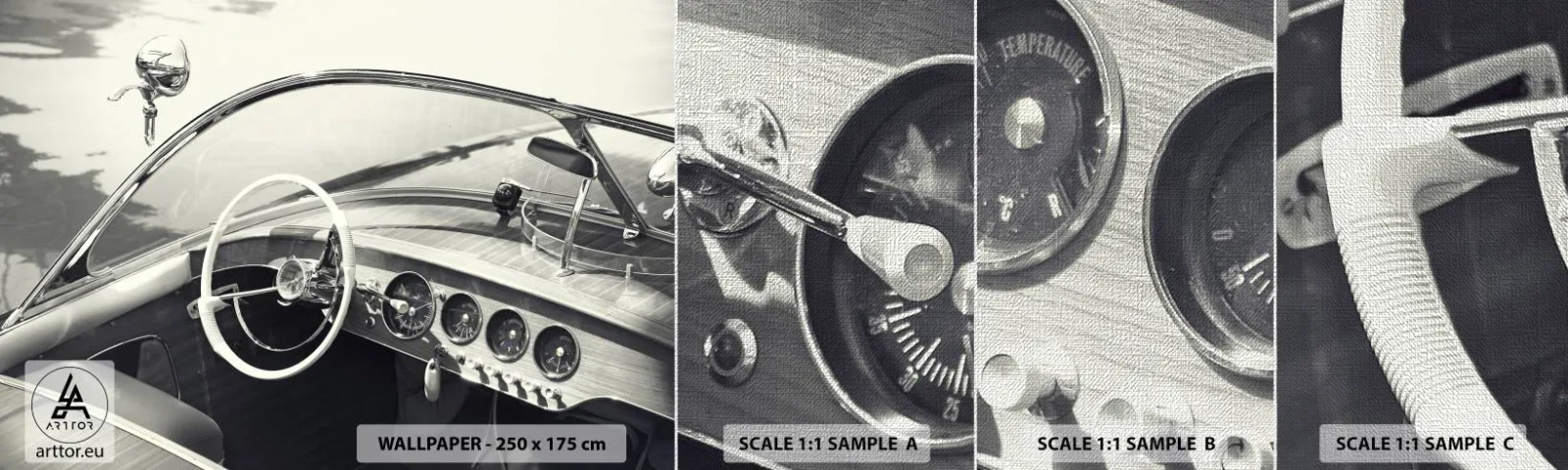 Fotótapéta Minta Premium Canvas - Időjárás a gazdagoknak - Vintage hajó, Motorcsónak, Fekete és fehér - 100x30 cm