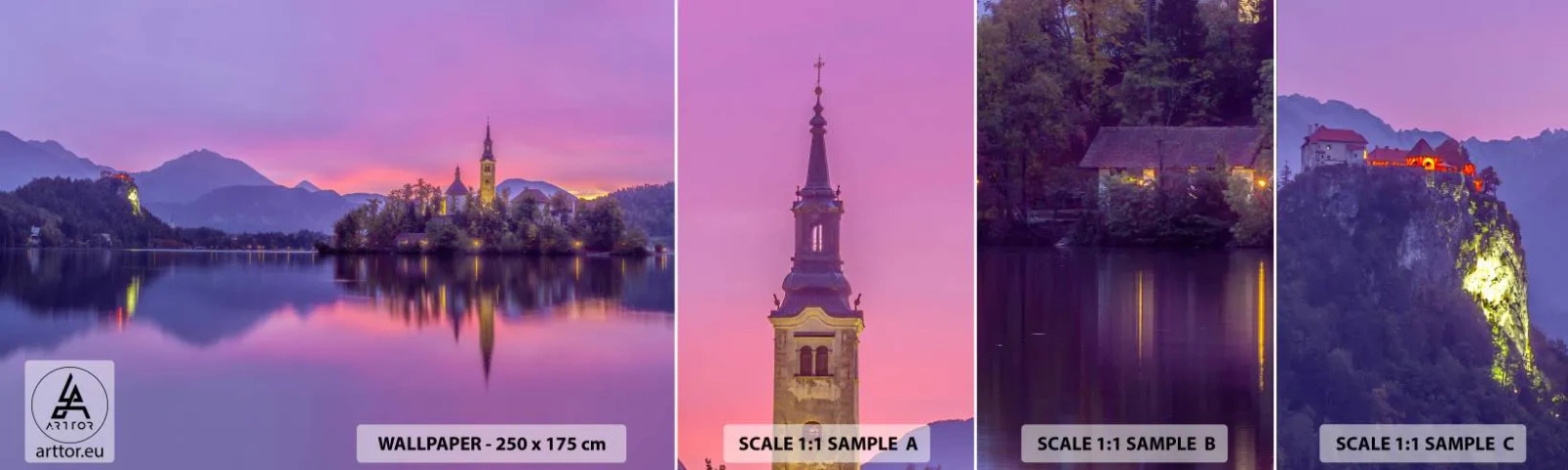 Fotótapéta Minta Standard Eco - Mesebeli sziget alkonyatkor - Tájkép, Szlovénia, Bled-sziget - 100x30 cm