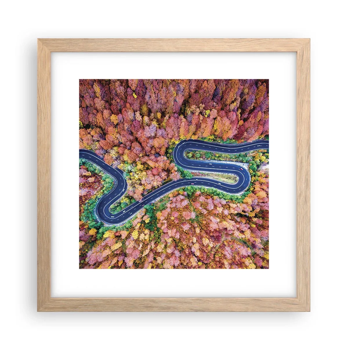 Poszter világos tölgy keretben - Kanyargós út az erdőn keresztül - 30x30 cm
