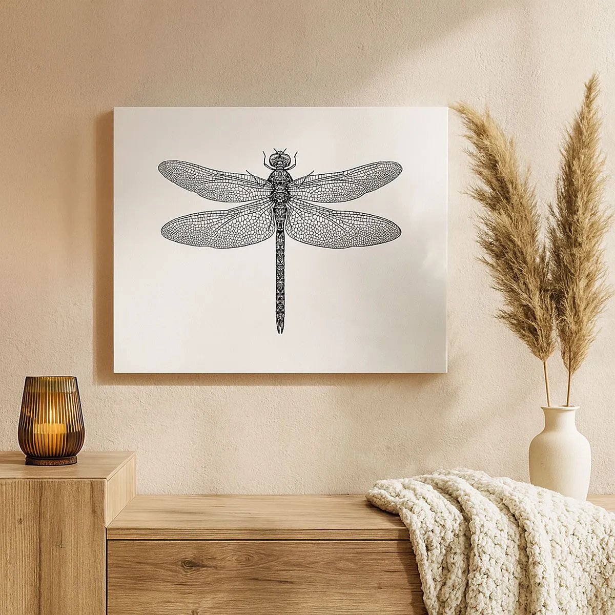 Vászonkép - Fekete-fehér rajz egy szitakötőről fehér alapon, minimalista stílusban - 70x50cm - A természet precizitása - Modern fali dekoráció nappalihoz és hálószobához ARTTOR