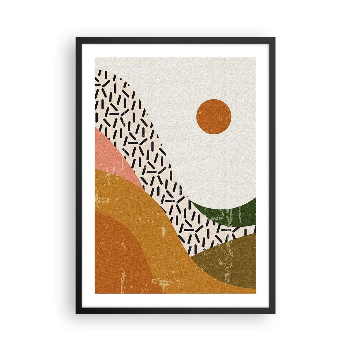 Poszter fehér keretben - Absztrakt táj meleg színekben - 50x70cm - Napfényes absztrakció - Modern fali dekoráció nappalihoz és hálószobához ARTTOR