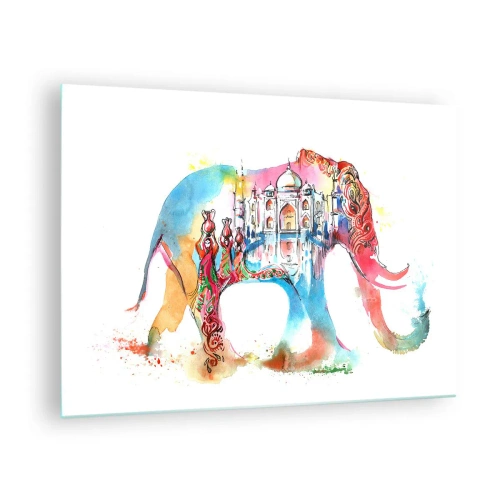 Üveg kép - Színes akvarellfestmény egy elefántról indiai motívummal - 70x50cm - India - a szerelem aurája - Modern fali dekoráció nappalihoz és hálószobához ARTTOR