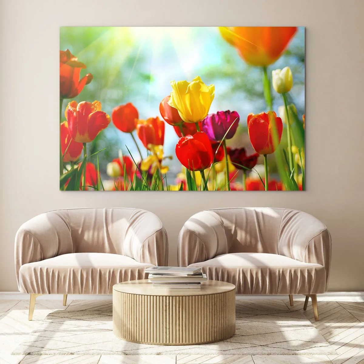Üveg kép - Színes tulipánok, melyeket megvilágítanak a nap sugarai - 70x50cm - A nap minden színe - Modern fali dekoráció nappalihoz és hálószobához ARTTOR