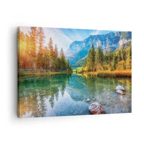 Vászonkép - Egy festői tó, hegyek és erdők veszik körül - 70x50cm - Az ősz enyhesége - Modern fali dekoráció nappalihoz és hálószobához ARTTOR