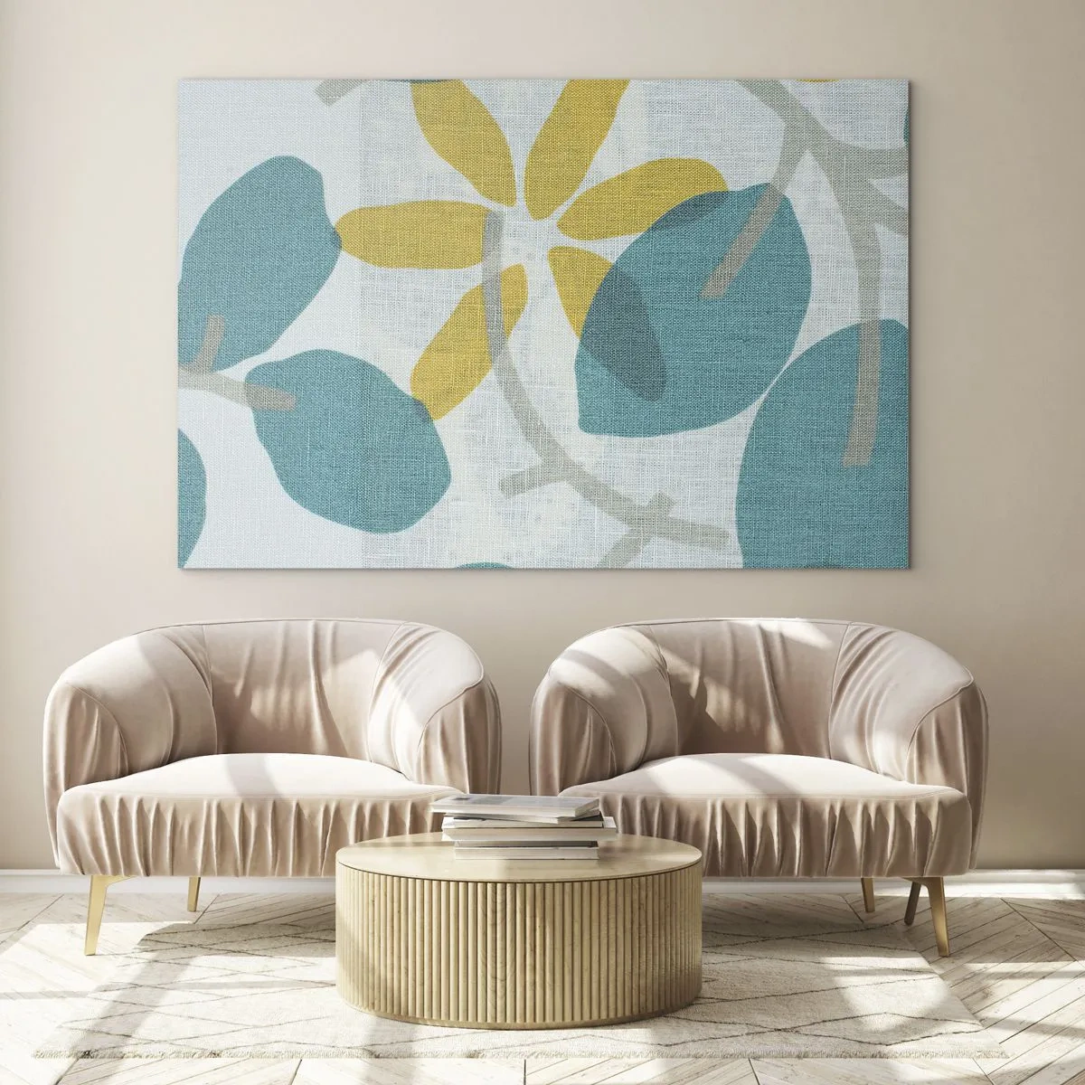 Üveg kép - Növénygrafika azúrkék levelekkel és sárga virágokkal - 70x50cm - Azúrkék levelek között - Modern fali dekoráció nappalihoz és hálószobához ARTTOR