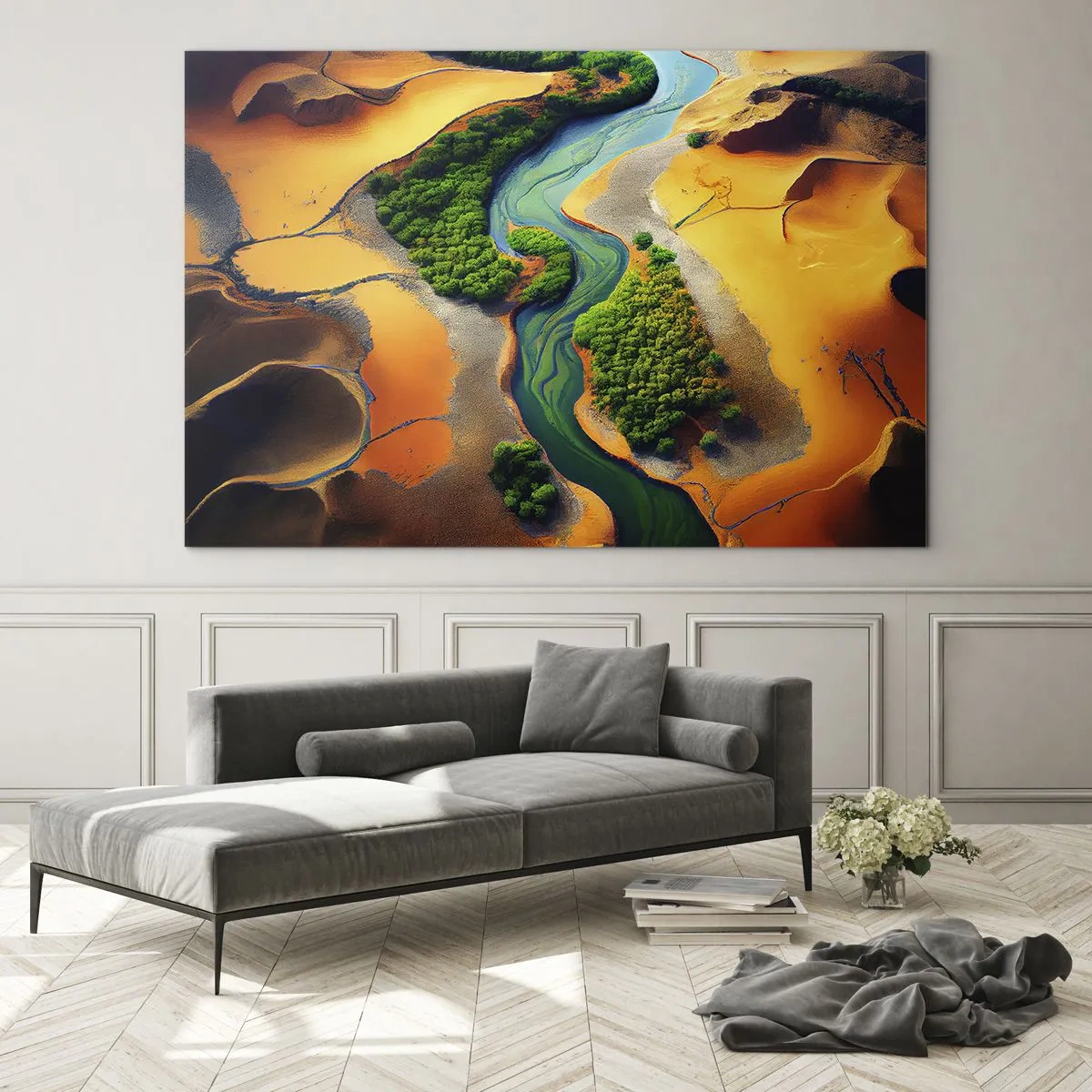 Üveg kép - Zöld oázisok és egy folyó narancssárga dűnék között - 70x50cm - Életetadó folyó - Modern fali dekoráció nappalihoz és hálószobához ARTTOR